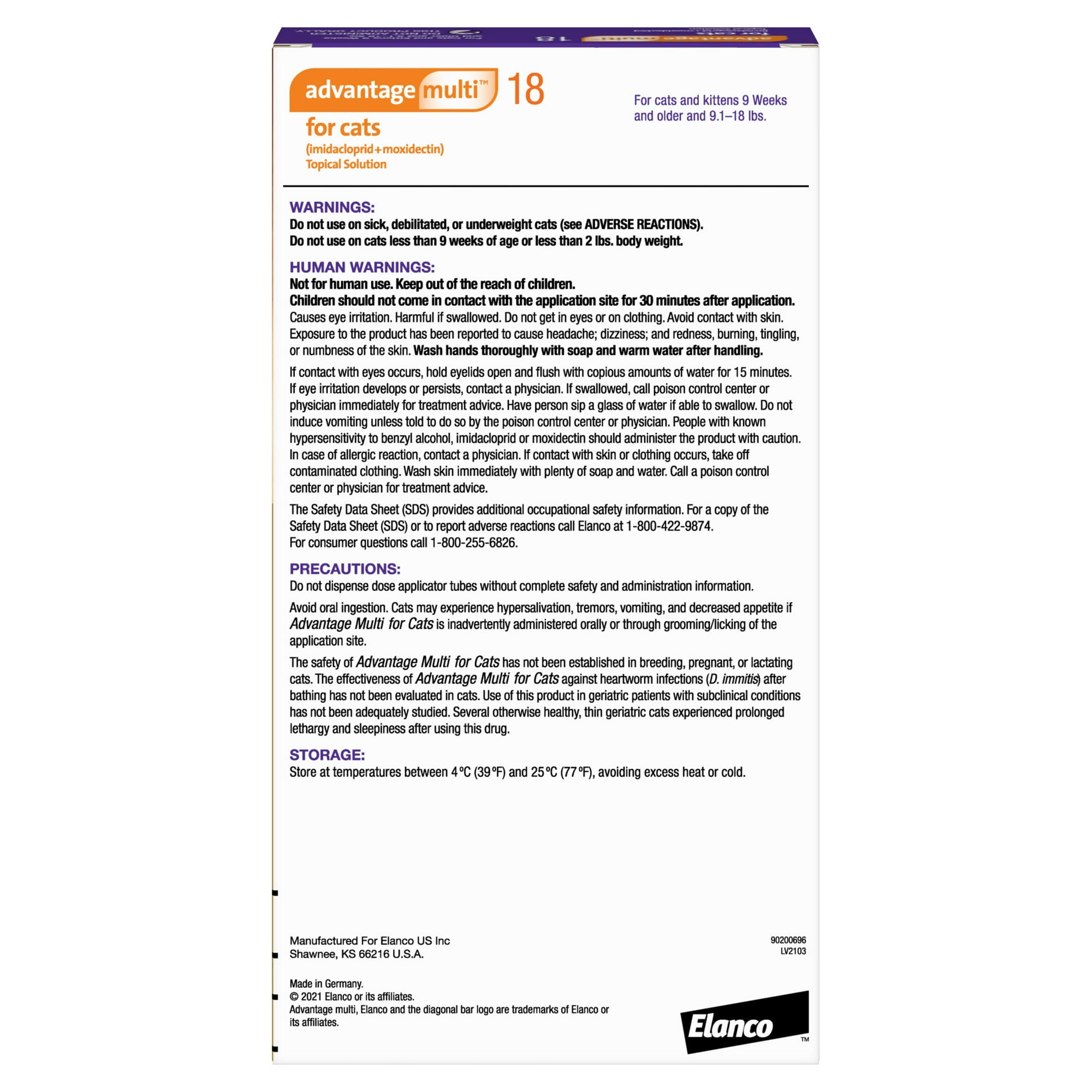 ADVANTAGE MULTI TOPICAL SOLUTION FOR CATS, 9.1-18 LBS, (PURPLE BOX), 12 DOSES (12-MOS. SUPPLY)