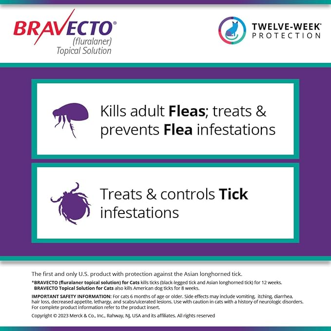 BRAVECTO TOPICAL SOLUTION FOR CATS, 6.2-13.8 LBS, (BLUE BOX), 2 DOSES (24-WKS. SUPPLY)