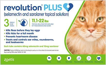 REVOLUTION PLUS TOPICAL SOLUTION FOR CATS, 11.1-22 LBS, (GREEN BOX), 3 DOSES (3-MOS. SUPPLY)