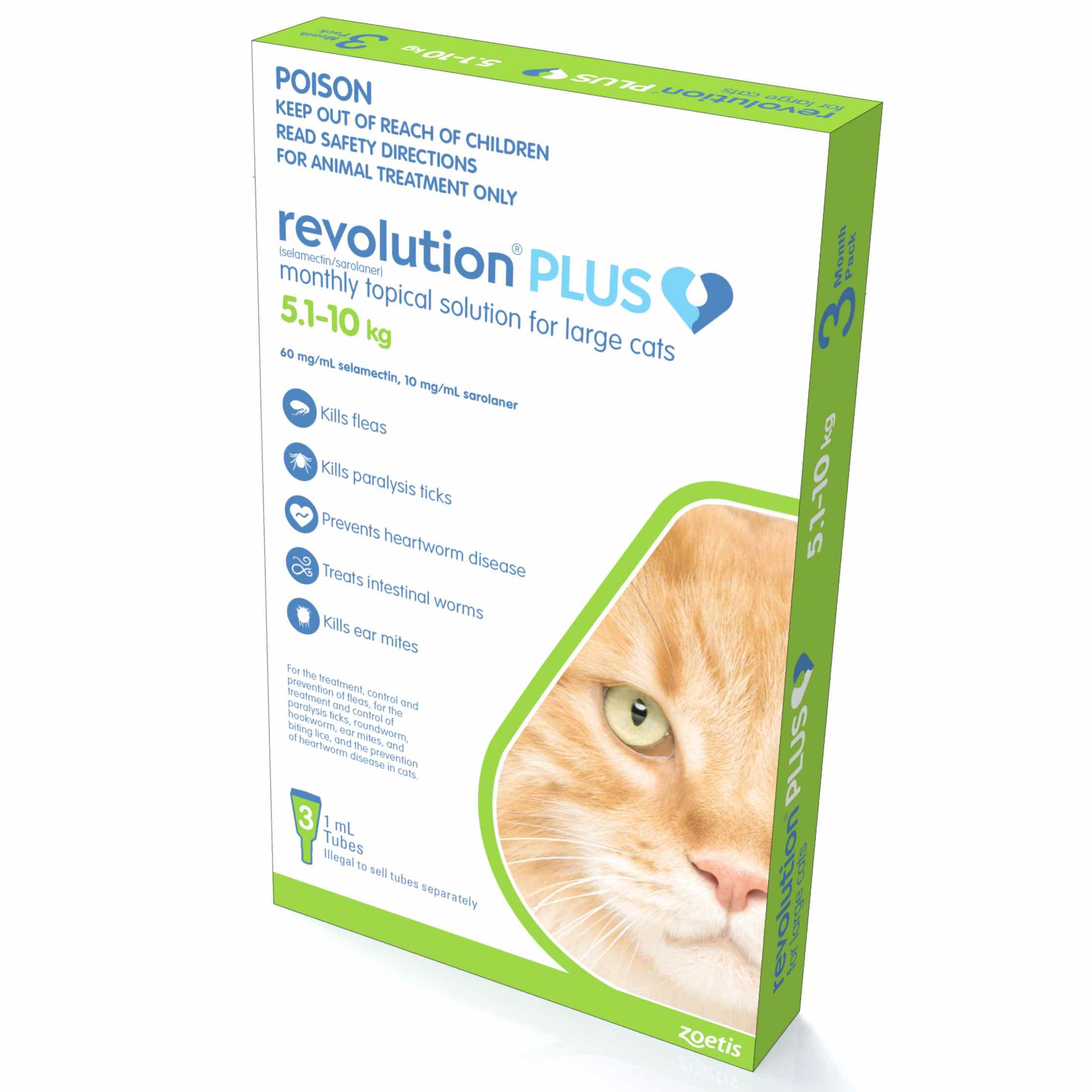 REVOLUTION PLUS TOPICAL SOLUTION FOR CATS, 11.1-22 LBS, (GREEN BOX), 3 DOSES (3-MOS. SUPPLY)