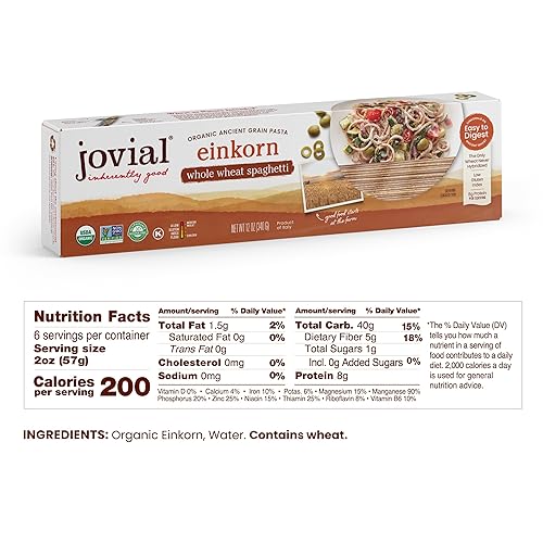 JOVIAL ORGANIC EINKORN SPAGHETTI PASTA - 100 WHOLE GRAIN, HIGH PROTEIN, NON-GMO, 6-PACK