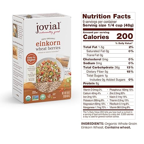 JOVIAL ORGANIC EINKORN WHEAT BERRIES 16OZ PACK OF 3 NON-GMO, HIGH PROTEIN, WHOLE GRAIN
