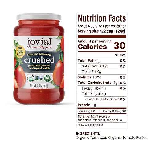 JOVIAL ORGANIC CRUSHED TOMATOES 18.3OZ, NON-GMO, NO ADDITIVES, BPA-FREE GLASS, 6 PACK