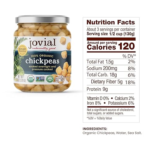 JOVIAL ORGANIC CHICKPEAS 13OZ PACK OF 6 GLUTEN-FREE, NO ADDITIVES, HIGH FIBER, ITALY