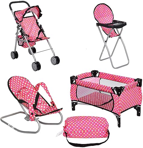 FASH N KOLOR 4-PIECE DOLL PLAY SET WITH PACK N PLAY, STROLLER, HIGH CHAIR INFANT SEAT FOR 18 DOLLS