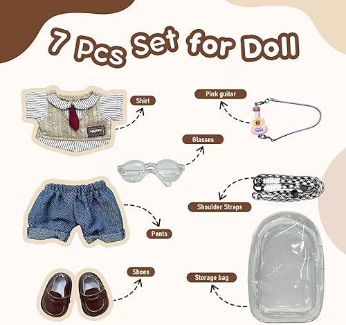 YEYMEILR 5-PCS DOLL CLOTHES SET FOR 15-17CM DOLLS WITH STORAGE BAG ADJUSTABLE STRAP SHIRT, PANTS, SHOES, GUIT