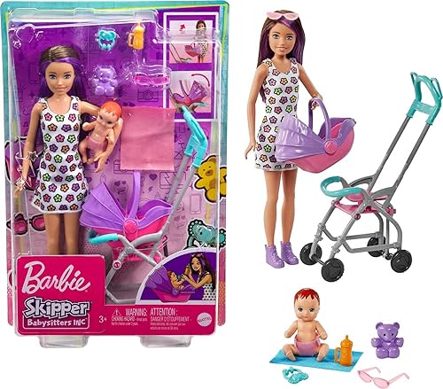 BARBIE SKIPPER BABYSITTERS INC PLAYSET WITH DOLL, BABY DOLL, STROLLER 5 ACCESSORIES