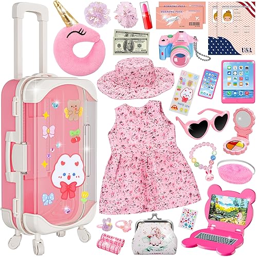 XFBB 18 INCH DOLL TRAVEL SET WITH 28 ACCESSORIES CLOTHES, UNICORN BAG, PILLOW MORE FOR GIRLS 3-6