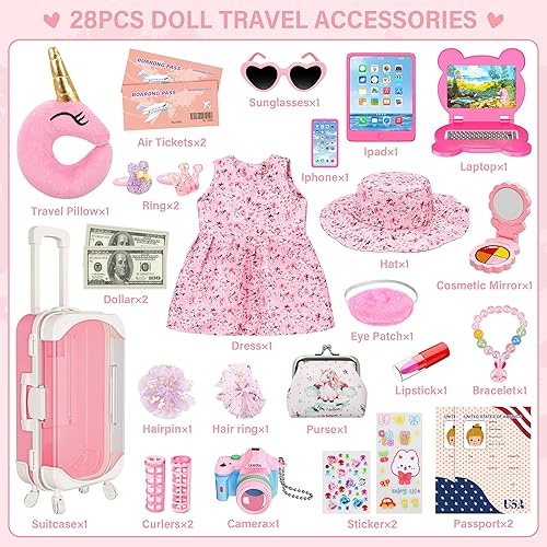 XFBB 18 INCH DOLL TRAVEL SET WITH 28 ACCESSORIES CLOTHES, UNICORN BAG, PILLOW MORE FOR GIRLS 3-6