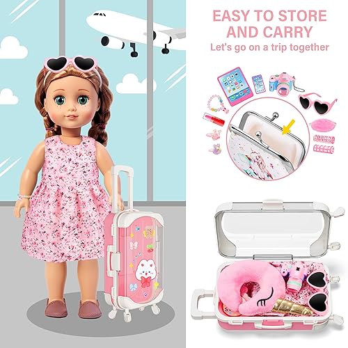 XFBB 18 INCH DOLL TRAVEL SET WITH 28 ACCESSORIES CLOTHES, UNICORN BAG, PILLOW MORE FOR GIRLS 3-6