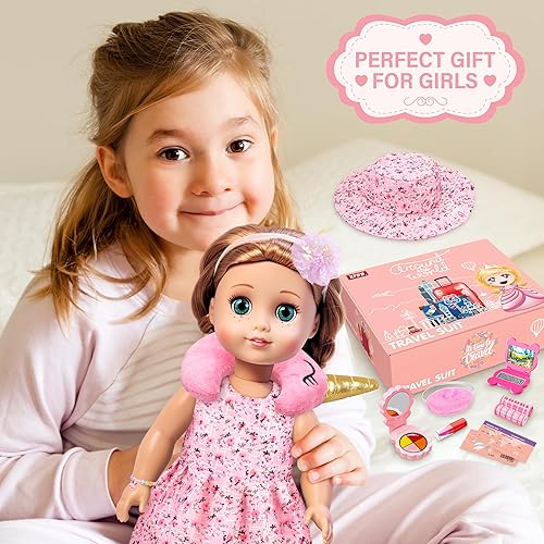XFBB 18 INCH DOLL TRAVEL SET WITH 28 ACCESSORIES CLOTHES, UNICORN BAG, PILLOW MORE FOR GIRLS 3-6