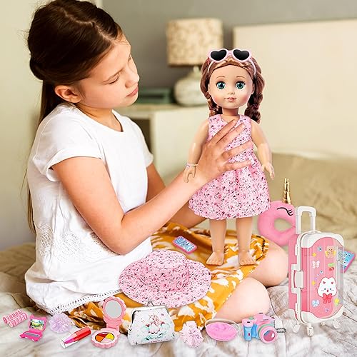XFBB 18 INCH DOLL TRAVEL SET WITH 28 ACCESSORIES CLOTHES, UNICORN BAG, PILLOW MORE FOR GIRLS 3-6