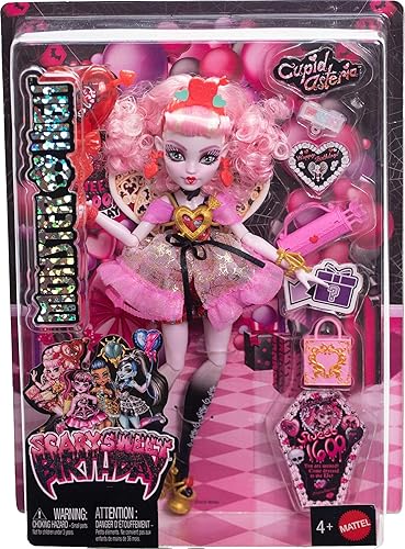 MATTEL MONSTER HIGH CUPID ASTERIA BIRTHDAY DOLL IN PINK RED DRESS WITH PARTY ACCESSORIES SET