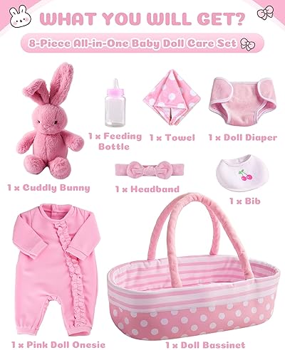 BABESIDE 8-PC BABY DOLL CLOTHES BASSINET SET FOR 17-22 INCH REBORN NEWBORN DOLLS