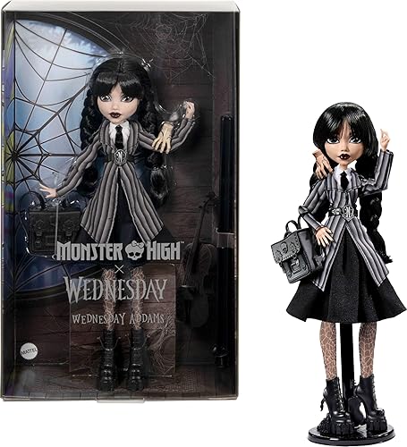 MATTEL MONSTER HIGH WEDNESDAY ADDAMS DOLL WITH ACCESSORIES, NEVERMORE ACADEMY OUTFIT, THING STAND