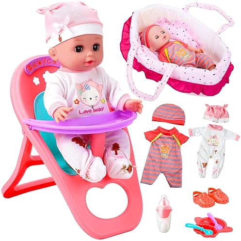 CUTE STONE 12 BABY DOLL PLAYSET FOR GIRLS PRETEND BABY CARE TOY WITH CARRIER, BASSINET ACCESSORIES