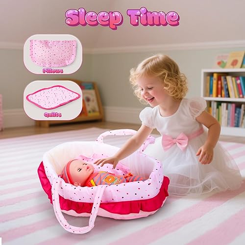 CUTE STONE 12 BABY DOLL PLAYSET FOR GIRLS PRETEND BABY CARE TOY WITH CARRIER, BASSINET ACCESSORIES