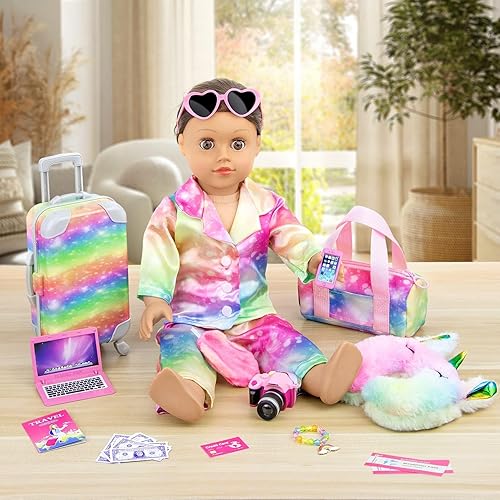 K.T. FANCY 23-PIECE 18 DOLL TRAVEL SET RAINBOW SUITCASE ACCESSORIES GIFT FOR CHRISTMAS NO DOLL