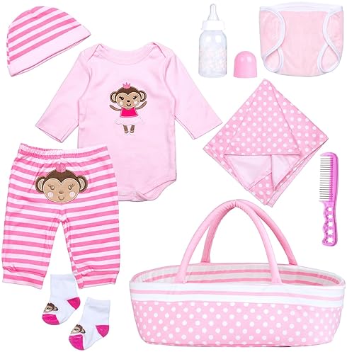 BABY DOLL CLOTHES SET WITH PINK DOT BASSINET FOR 17-22 INCH NEWBORN DOLLS