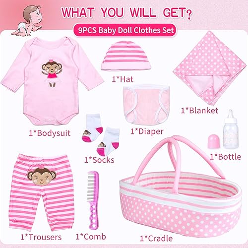 BABY DOLL CLOTHES SET WITH PINK DOT BASSINET FOR 17-22 INCH NEWBORN DOLLS