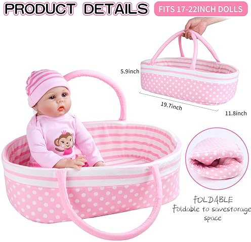 BABY DOLL CLOTHES SET WITH PINK DOT BASSINET FOR 17-22 INCH NEWBORN DOLLS