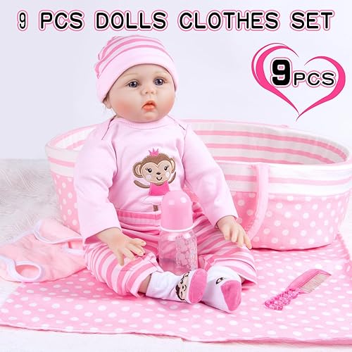 BABY DOLL CLOTHES SET WITH PINK DOT BASSINET FOR 17-22 INCH NEWBORN DOLLS
