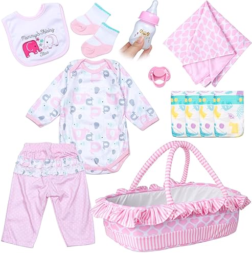 PEDOLLTREE 12-PCS PINK ELEPHANT CLOTHES ACCESSORIES FOR 17-22 INCH REBORN BABY GIRL DOLLS