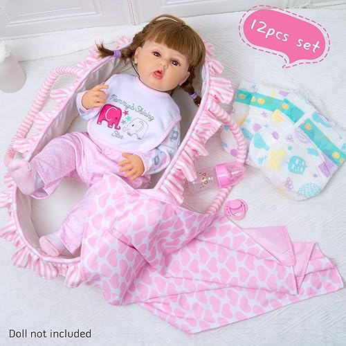 PEDOLLTREE 12-PCS PINK ELEPHANT CLOTHES ACCESSORIES FOR 17-22 INCH REBORN BABY GIRL DOLLS