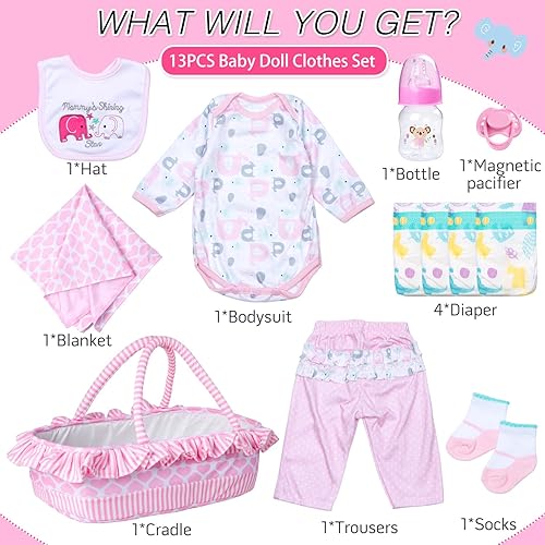 PEDOLLTREE 12-PCS PINK ELEPHANT CLOTHES ACCESSORIES FOR 17-22 INCH REBORN BABY GIRL DOLLS