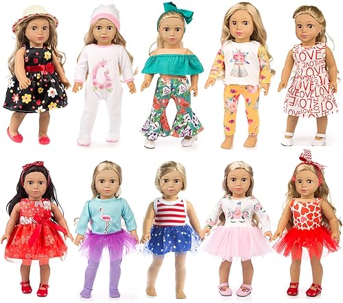 ZQDOLL 19-PIECE 18-INCH AMERICAN DOLL CLOTHES ACCESSORIES, 10 COMPLETE OUTFIT SETS