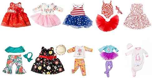 ZQDOLL 19-PIECE 18-INCH AMERICAN DOLL CLOTHES ACCESSORIES, 10 COMPLETE OUTFIT SETS