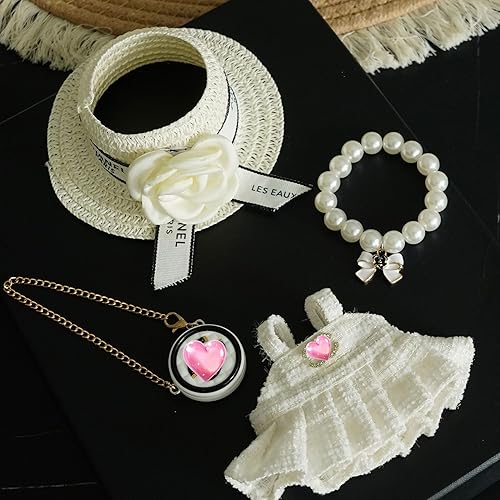 LAFUFU 17CM DOLL CLOTHES SET WITH HAT, PEARL NECKLACE BAG LUXURY BABY DOLL OUTFITS WHITE