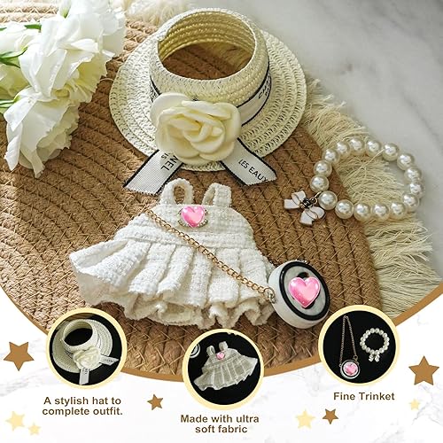 LAFUFU 17CM DOLL CLOTHES SET WITH HAT, PEARL NECKLACE BAG LUXURY BABY DOLL OUTFITS WHITE