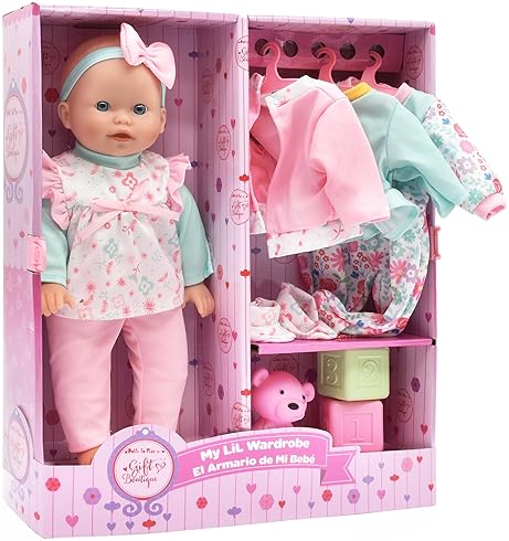 BABY DOLL WITH CLOTHES, HANGERS, TEDDY TOY BLOCKS PLAYSET KIDS GIFT SET OF 4