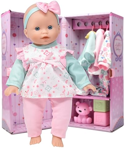 BABY DOLL WITH CLOTHES, HANGERS, TEDDY TOY BLOCKS PLAYSET KIDS GIFT SET OF 4