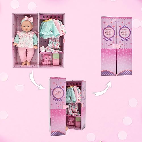 BABY DOLL WITH CLOTHES, HANGERS, TEDDY TOY BLOCKS PLAYSET KIDS GIFT SET OF 4