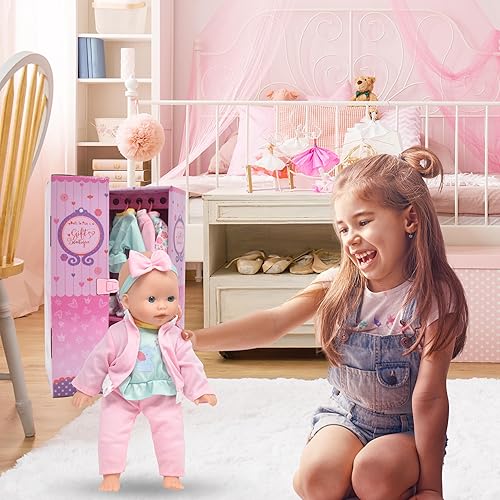 BABY DOLL WITH CLOTHES, HANGERS, TEDDY TOY BLOCKS PLAYSET KIDS GIFT SET OF 4