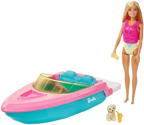 BARBIE DOLL TOY BOAT PLAYSET WITH PET PUPPY, LIFE VEST ACCESSORIES, FITS 3 DOLLS, FLOATS