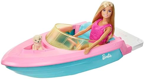 BARBIE DOLL TOY BOAT PLAYSET WITH PET PUPPY, LIFE VEST ACCESSORIES, FITS 3 DOLLS, FLOATS