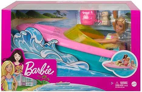 BARBIE DOLL TOY BOAT PLAYSET WITH PET PUPPY, LIFE VEST ACCESSORIES, FITS 3 DOLLS, FLOATS