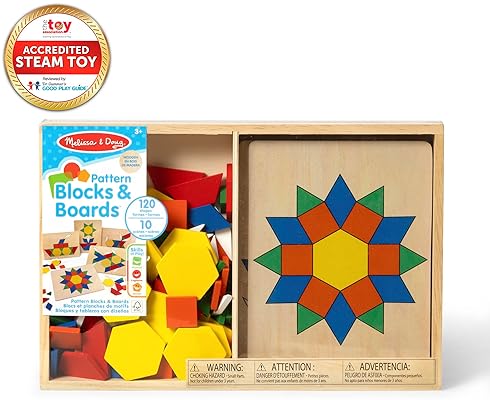 MELISSA DOUG PATTERN BLOCKS AND BOARDS - 120 SOLID WOOD SHAPES WITH 5 DOUBLE-SIDED PANELS