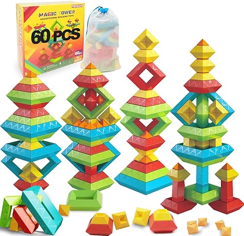 PRINLION 60 PCS MONTESSORI TODDLER TOYS - STACKING BLOCKS SENSORY STEM EDUCATIONAL GIFTS AGES 1-5