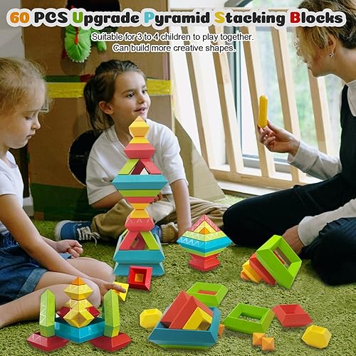 PRINLION 60 PCS MONTESSORI TODDLER TOYS - STACKING BLOCKS SENSORY STEM EDUCATIONAL GIFTS AGES 1-5