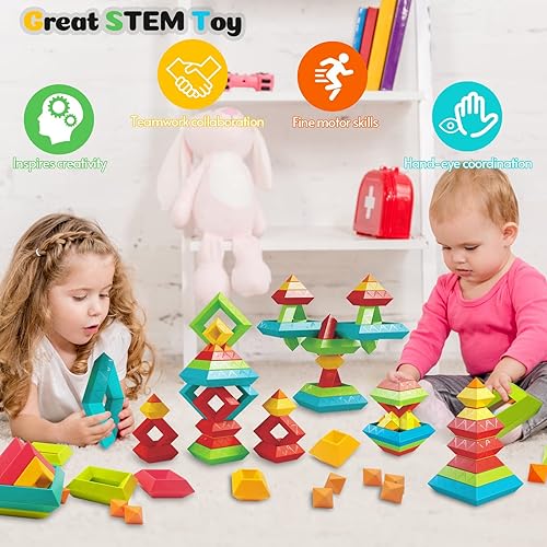 PRINLION 60 PCS MONTESSORI TODDLER TOYS - STACKING BLOCKS SENSORY STEM EDUCATIONAL GIFTS AGES 1-5