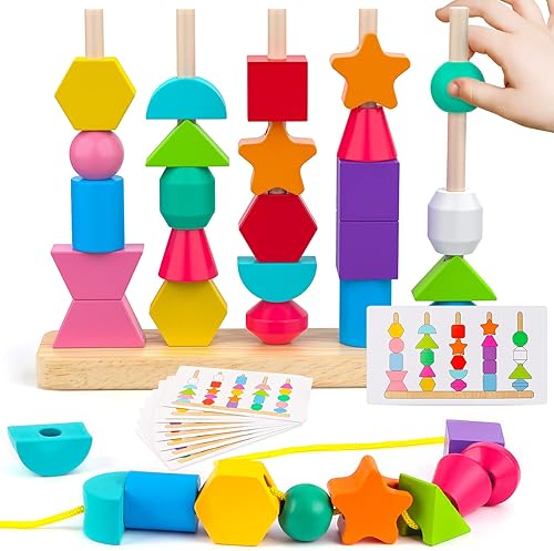 MONTESSORI WOODEN BEADS TOY SET STACKING, LACING MATCHING BLOCKS FOR STEM LEARNING AGES 2-5