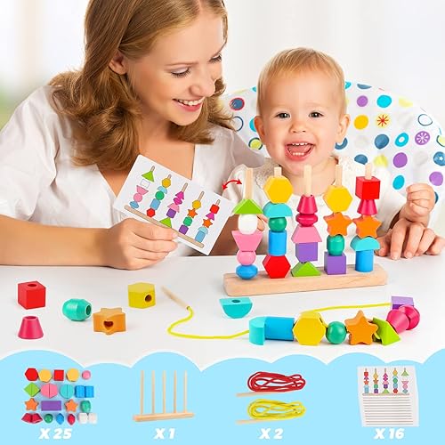 MONTESSORI WOODEN BEADS TOY SET STACKING, LACING MATCHING BLOCKS FOR STEM LEARNING AGES 2-5
