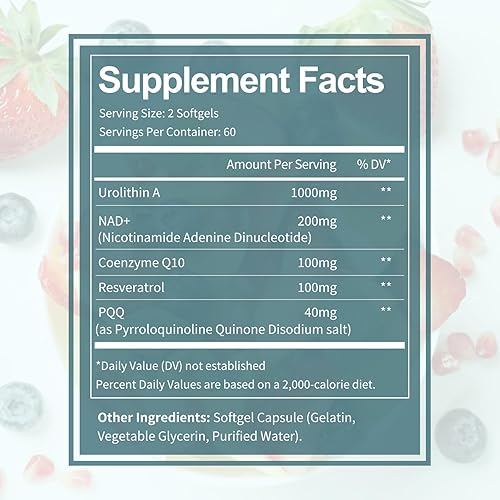 UROLITHIN A 1000MG WITH NAD , COQ10, RESVERATROL PQQ ANTIOXIDANT ENERGY SOFTGELS 120