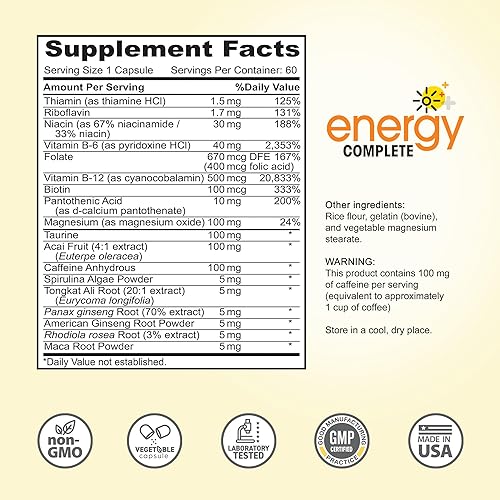 ENERGY COMPLETE 18-IN-1 VEGAN ENERGY FOCUS SUPPLEMENT NATURAL CAFFEINE PILLS, 60 CAPSULES