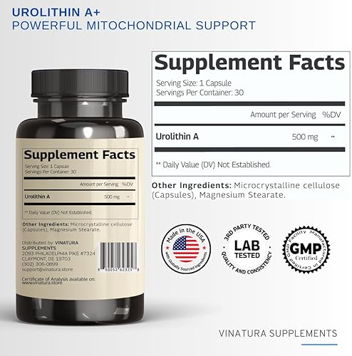 UROLITHIN A 500MG CAPSULES ANTIOXIDANT, ANTI-AGING MITOCHONDRIAL SUPPORT, 30 COUNT