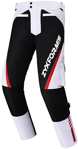 ZYXFORMIS MEN S WATERPROOF WINDPROOF MOTORCYCLE RIDING PANTS WITH REMOVABLE ARMOR ALL SEASON WHITE